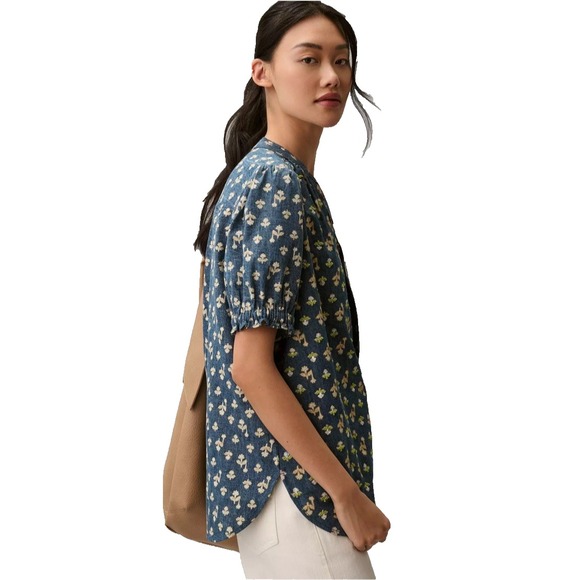 Anthropologie Pilcro Womens Aly Puff Sleeve Blouse Blue Denim Cotton Boho Top XL - Picture 2 of 16